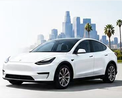 White car in front of a city skyline